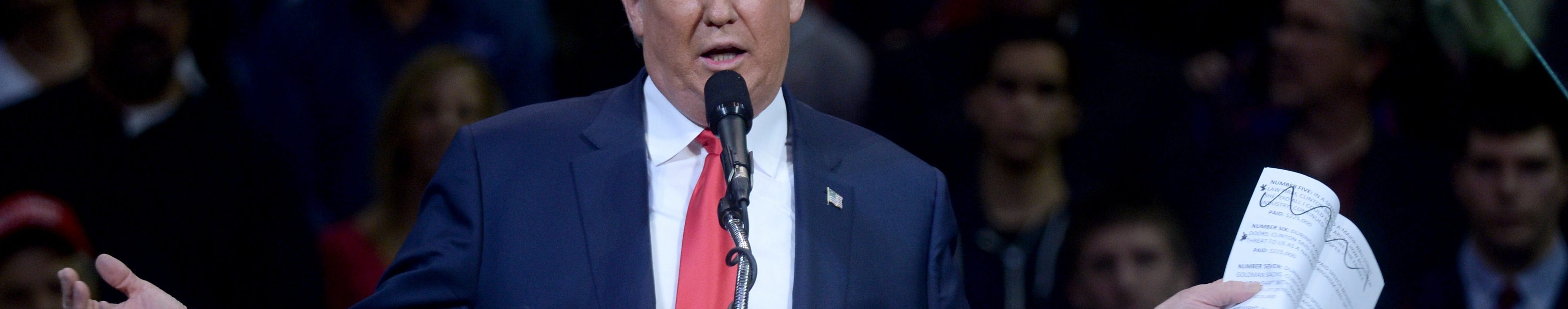 Republican Presidential candidate Donald Trump speaks during a campaign appearance at the Mohegan Sun Arena in Wilkes-Barre, Pa on October 10, 2016.