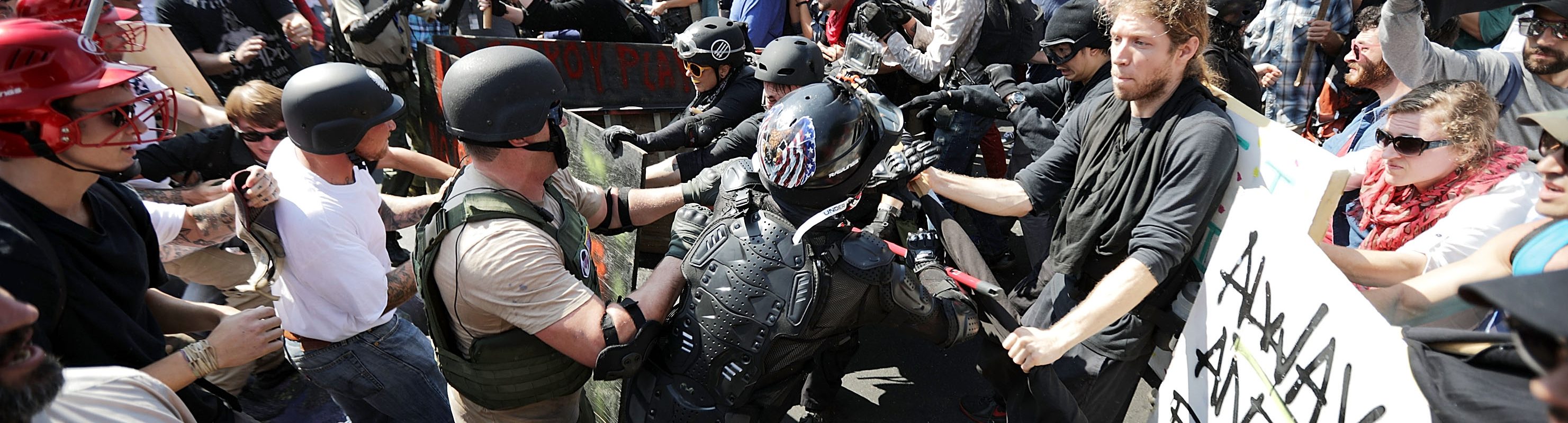 White supremacists attack counter protestors in Charlottesville, Virginia during their "Unite the Right" rally on August 12, 2017.