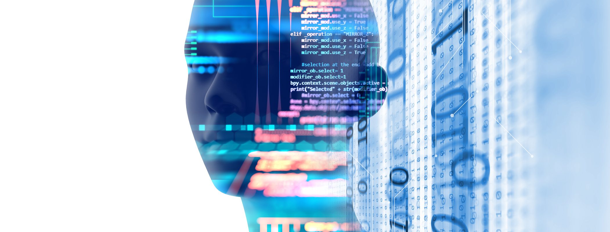 A graphic design of a person or android’s head in blue covered in lights depicting coding. Binary numbers run up and down the side of the page next to the person.