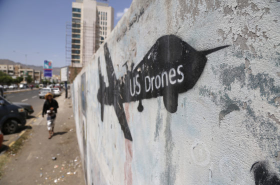 Graffiti showing a US drone is depicted on a wall to protest against US drone strikes on September 19, 2018 in Sana'a, Yemen.