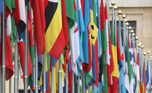 Numerous national flags are seen in front of the United Nations Office (UNOG) on June 8, 2008 in Geneva, Switzerland.