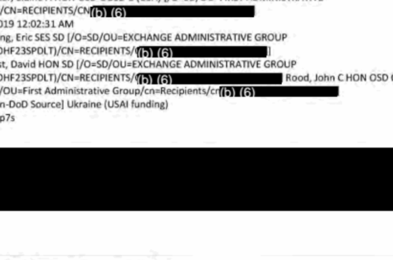 A redacted email from Elaine McCuster on August 27, 2019 at 12:02am to Eric Chewning and cc-ed David Norquist and John Rood with the subject line, “RE: [Non-DoD Source] Ukraine (USAI funding).” The text of the email is redacted but there is an attachment listed with the name, “smime.p7s”