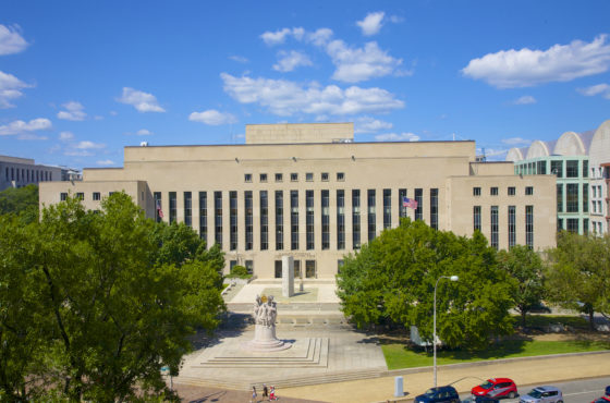 The E. Barrett Prettyman Federal Courthouse, in Washington, DC, as seen from the sky.