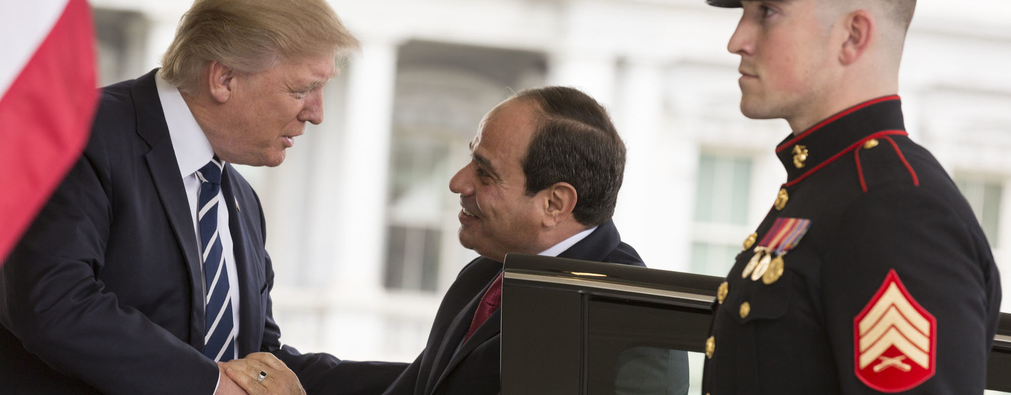 U.S. President Donald Trump welcomes Egyptian President Abdel Fattah el-Sisi, Monday, April 3, 2017, at the West Wing entrance of the White House in Washington, D.C.