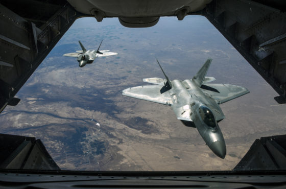 Two U.S. Air Force F-22 Raptors fly above Syria in support of Operation Inherent Resolve, Feb. 2, 2018.