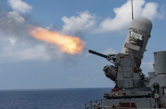 The guided-missile cruiser USS Vella Gulf (CG 72) fires a close-in weapons system during a live-fire exercise, April 27, 2020.