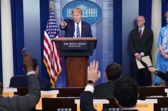 Trump answers questions from the media during the daily briefing on the novel coronavirus, COVID-19, in the Brady Briefing Room of the White House in Washington, DC on April 21, 2020.