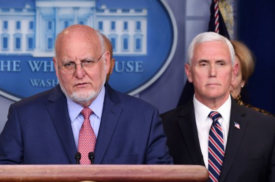 Director of the Centers for Disease Control and Prevention Dr. Robert Redfield (C) speaks about the COVID-19 (coronavirus) alongside Vice President Mike Pence and members of the Coronavirus Task Force in the Brady Press Briefing Room at the White House in Washington, DC, March 9, 2020.