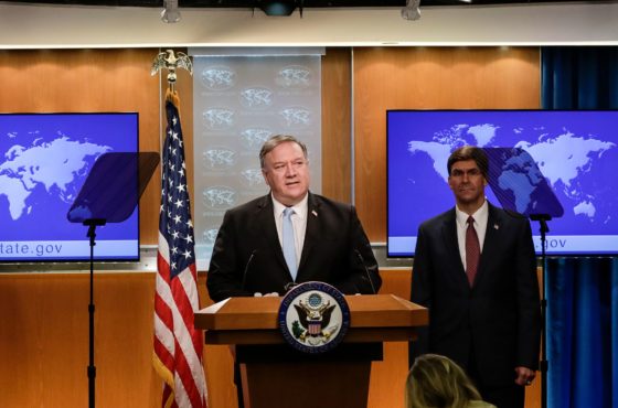 US Secretary of State Mike Pompeo (C) holds a joint news conference on the International Criminal Court with (L-R) US Attorney General William Barr, US Defense Secretary Mark Esper and National Security Advisor Robert O'Brien, at the State Department in Washington, DC, on June 11, 2020.