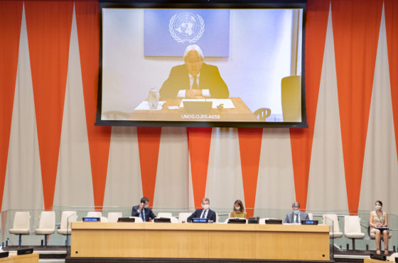 Martin Griffiths, Special Envoy of the Secretary-General for Yemen on a screen for a virtual Security Council meeting.