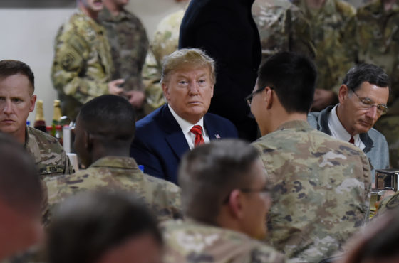 Trump shares a Thanksgiving dinner with US troops at Bagram Air Field during a surprise visit on November 28, 2019 in Afghanistan.
