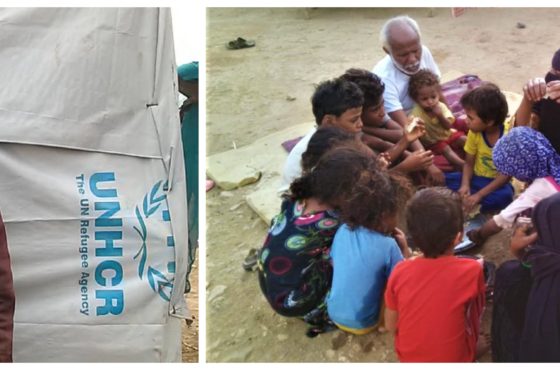 Left: Hakeem stands near his tent in the settlement for displaced families, where he lives and works with Oxfam and Right: A’eshah with her family having their lunch.