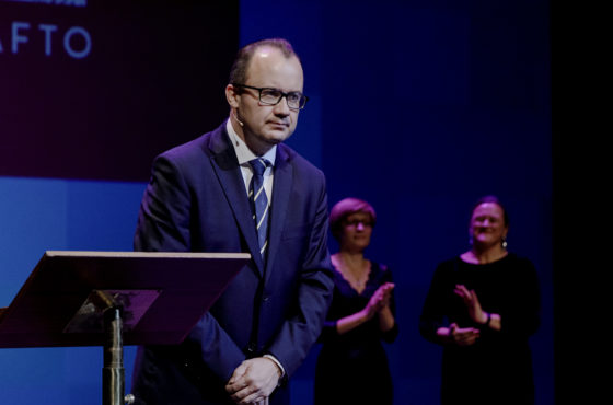 Polish lawyer Adam Bodnar and the institution he leads, the Office of the Commissioner for Human Rights, stand on stage after receiving the Rafto Prize 2018 for the important stance taken in the face of current political developments in Poland, at a ceremony in Grieg Hall in Bergen, Norway on November 4, 2018.