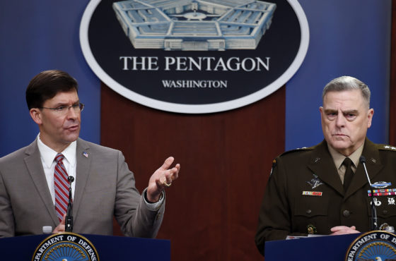 US Secretary of Defense Mark Esper and Chairman of the Joint Chiefs of Staff Army Gen. Mark Milley hold a press conference in the briefing room at the Pentagon on March 2, 2020 in Washington, DC.