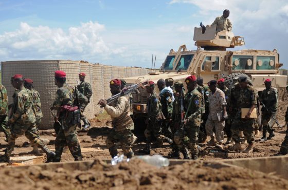 Somali soldiers enter Sanguuni military base, where an American special operations soldier was killed by a mortar attack on June 8, about 450 km south of Mogadishu, Somalia, on June 13, 2018.