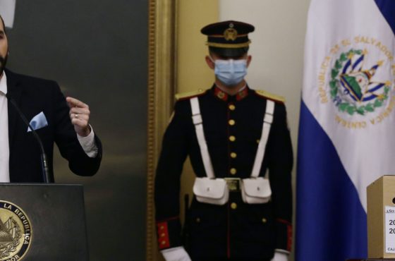 El Salvador's President is photographed next to the files that contain case information The massacre of El Mozote during a press conference at a presidential home in San Salvador, El Salvador, on September 24, 2020.