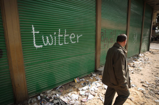A shop in Tahrir Square is spray painted with the word "Twitter" after the government shut off internet access on February 4, 2011 in Cairo, Egypt.