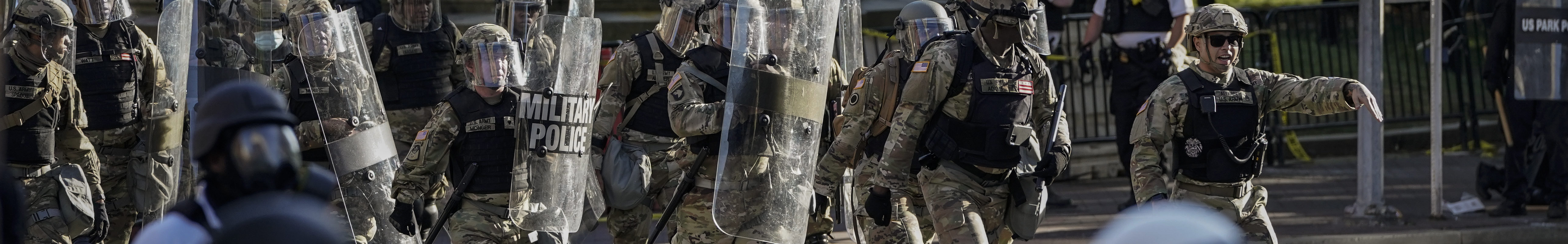Military police in full riot gear are pictured near Lafayette Park ahead of President Trump's trip to St. John's Church in Washington DC on June 1, 2020, where protesters were tear gassed.