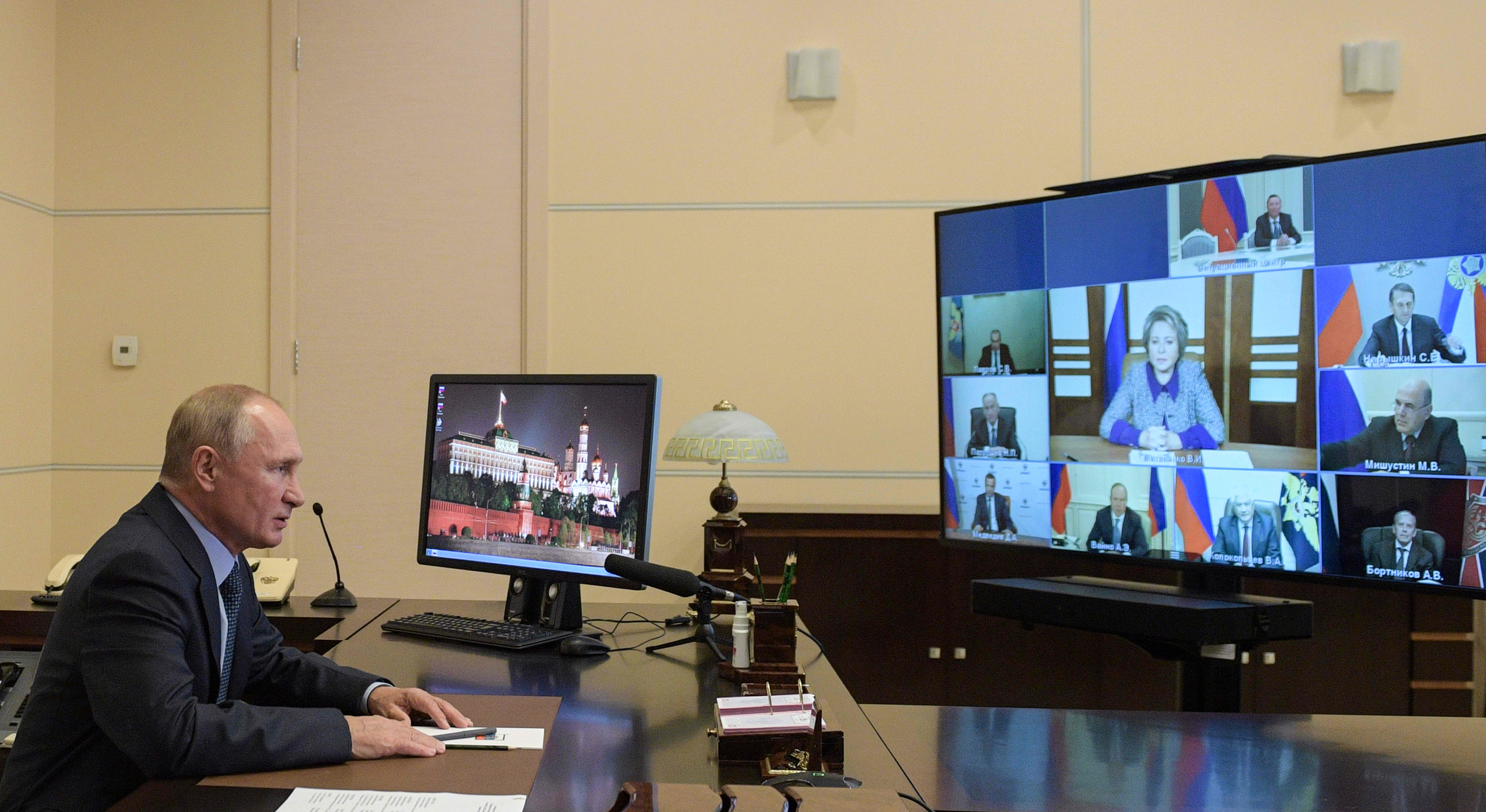 Putin chairs a Security Council meeting via a teleconference call at the Novo-Ogaryovo state residence outside Moscow on October 1, 2020.