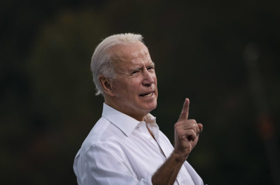 Democratic presidential nominee Joe Biden speaks during a drive-in campaign rally in the parking lot of Cellairis Ampitheatre on October 27, 2020 in Atlanta, Georgia.