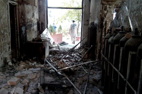 The damaged interior of the hospital in which the Medecins Sans Frontieres (MSF) medical charity operated is seen on October 13, 2015 following an air strike in the northern city of Kunduz.