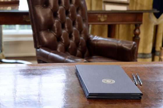 Executive Orders regarding trade lay on the Resolute desk in the Oval Office of the White House March 31, 2017 in Washington, DC.