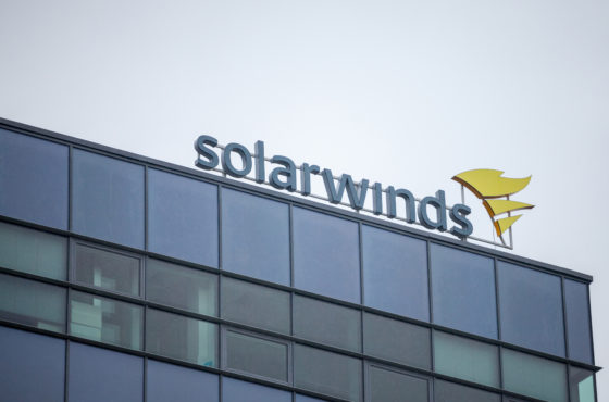 A SolarWinds sign and logo sits on top of the SolarWinds office building in Brno in the Czech Republic.