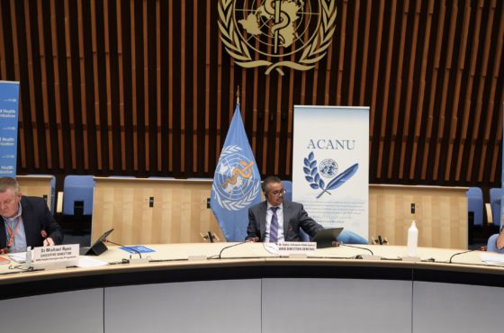 World Health Organization (WHO) Health Emergencies Programme head Michael Ryan, WHO Director-General Tedros Adhanom Ghebreyesus and WHO Technical lead head Covid-19 Maria Van Kerkhove attend a press conference organized by Geneva Association of United Nations Correspondents (ACANU) amid the COVID-19 outbreak, caused by the novel coronavirus, on July 3, 2020 at the WHO headquarters in Geneva. They do not wear face masks, but their seats are social distant from one another.