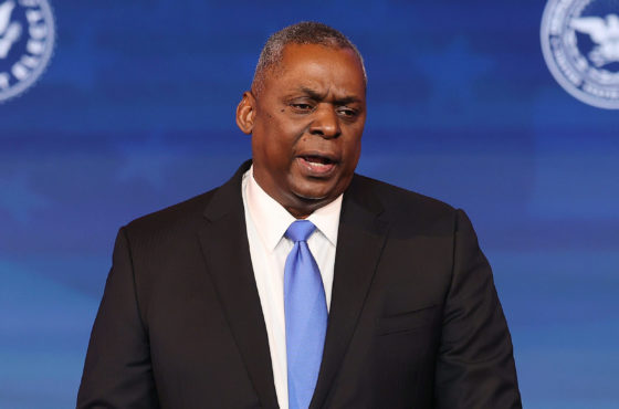 U.S. Army (retired) General Lloyd Austin speaks after being formally nominated to be Secretary of the Department of Defense by U.S. President-elect Joe Biden at the Queen Theatre on December 09, 2020 in Wilmington, Delaware. Behind him is a banner with the seal of the President-Elect.