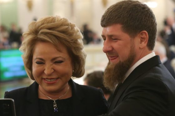 Chechen President Ramzan Kadyrov and Council of the Federation Speaker Valentina Matviyenko take a selfie in the Hall of the Order of St. George during the State Council on ecology meeting on December, 26, 2016 in Moscow, Russia.