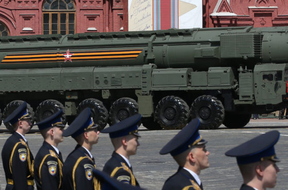 Russian nuclear missile rolls along Red Square during the military parade marking the 75th anniversary of Nazi defeat, on June 24, 2020 in Moscow, Russia. The requirement to wear masks and gloves to combat a spread of the Coronavirus (COVID-19) is still in effect in Moscow, but none of the military members lined up wear face masks.