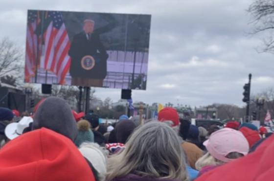 January 6th insurgents watch Trump on a billboard projection or television. This is a screenshot from the Parler video and shows the backs of peoples’ heads as they watch Trump.