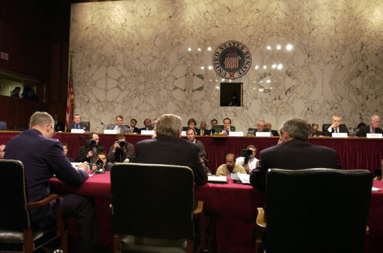 U.S. Air Force Gen. Richard Myers, Chairman of the Joint Chiefs of Staff; U.S. Deputy Secretary of Defense Paul Wolfowitz; and U.S. Secretary of Defense The Honorable Donald H. Rumsfeld, listen and answer questions for members of the 9-11 Commission, on Capitol Hill, March 23, 2004.