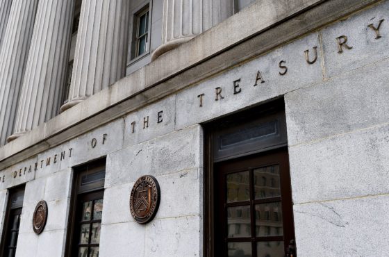 An exterior view of the building of US Department of the Treasury is seen on March 27, 2020 in Washington, DC.