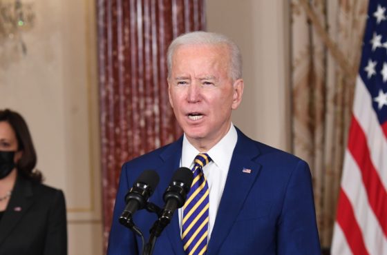 US President Joe Biden, with US Vice President Kamala Harris who wears a face mask and is socially distanced, speaks about foreign policy at the State Department in Washington, DC, on February 4, 2021.
