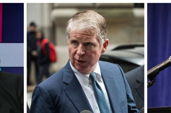 Side by side images of Georgia District Attorney Fani Willis on the Rachel Maddow Show; Manhattan District Attorney Cy Vance speaking with media outdoors; and NY Attorney General Letitia James speaking at a podium.
