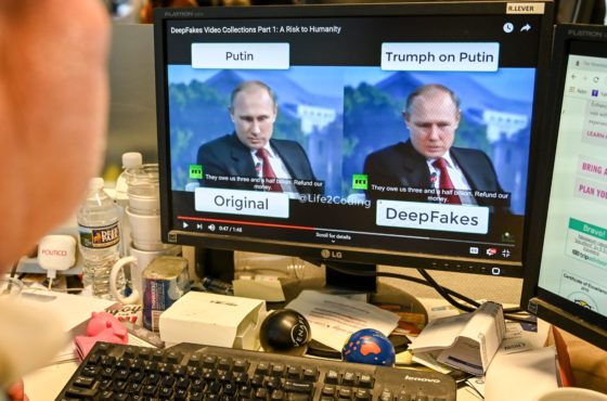 A AFP journalist views a video on January 25, 2019, manipulated with artificial intelligence to potentially deceive viewers, or "deepfake" at his newsdesk in Washington, DC.