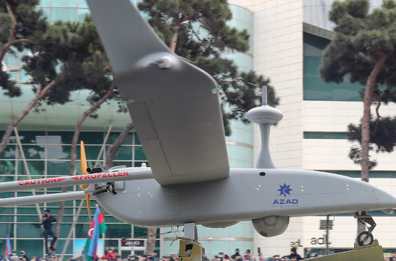 An Aerostar medium altitude long endurance (MALE) unmanned aerial vehicle manufactured by AZAD Systems, joint venture between Azerbaijan and Israel, takes part in a military parade marking the end of the Nagorno Karabakh military conflict on December 10, 2020 in Baku, Azerbaijan.