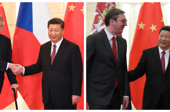 Two side by side photographs. The first shows China's President Xi Jinping shaking hands with Czech Republic's President Milos Zeman. The second shows Serbia’s President Aleksandar Vucic and China’s President Xi Jinping walking side by side. Both images have the corresponding country flags lined in a row behind them.
