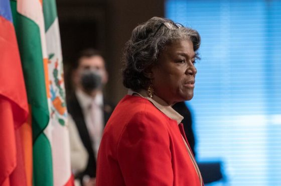 Linda Thomas-Greenfield, new Permanent Representative of the United States of America to the United Nations, speaks to reporters after meeting with Secretary-General António Guterres.