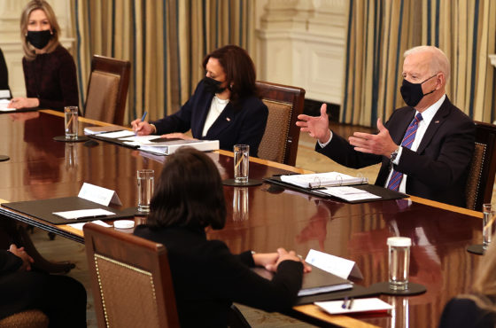 U.S. President Joe Biden and Vice President Kamala Harris meet with Homeland Security Secretary Alejandro Mayorkas, Health and Human Services Secretary Xavier Becerra, Chief of Staff Ron Klain and other cabinet members and immigration advisors in the State Dining Room on March 24, 2021 in Washington, DC.