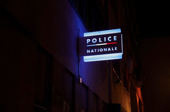 The “Police Nationale” sign at the entrance of the police station of Champigny-sur-Marne, outside Paris, on the evening after it was attacked by around 40 people launching fireworks.