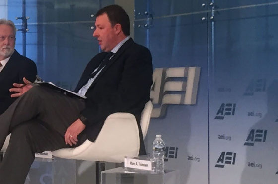 US psychologist James Mitchell speaks with an interviewer at the American Enterprise Institute in Washington, DC on December 6, 2016.