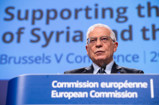 EU High Representative and Foreign Minister Josep Borrell Fontelles addresses the ministerial portion of the Brussels V Conference, March 30, 2021