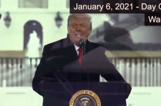 Video evidence of Trump’s incitement of the January 6th attack on the Capitol is presented during Trump’s second impeachment trial. The video shows Trump at a podium speaking to the insurrectionists on January 6th.
