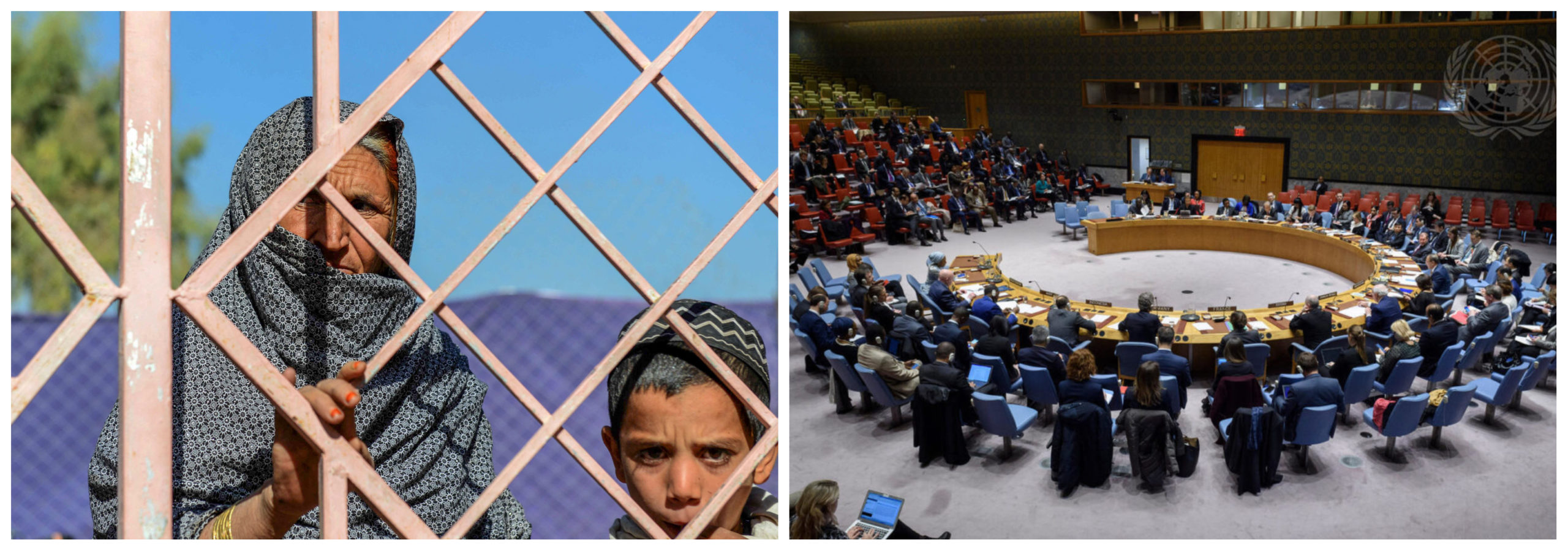 Left photo: An old woman and a young child stand behind a rusty metal gate. The caption reads: Afghan people watch as World Food Programme volunteers distribute sacks of food grains as an aid in Kandahar on October 19, 2021, via Agence France Presse and Getty Images. The image on the right: diplomats meet in a formal setting at the United Nations Security Council in New York.