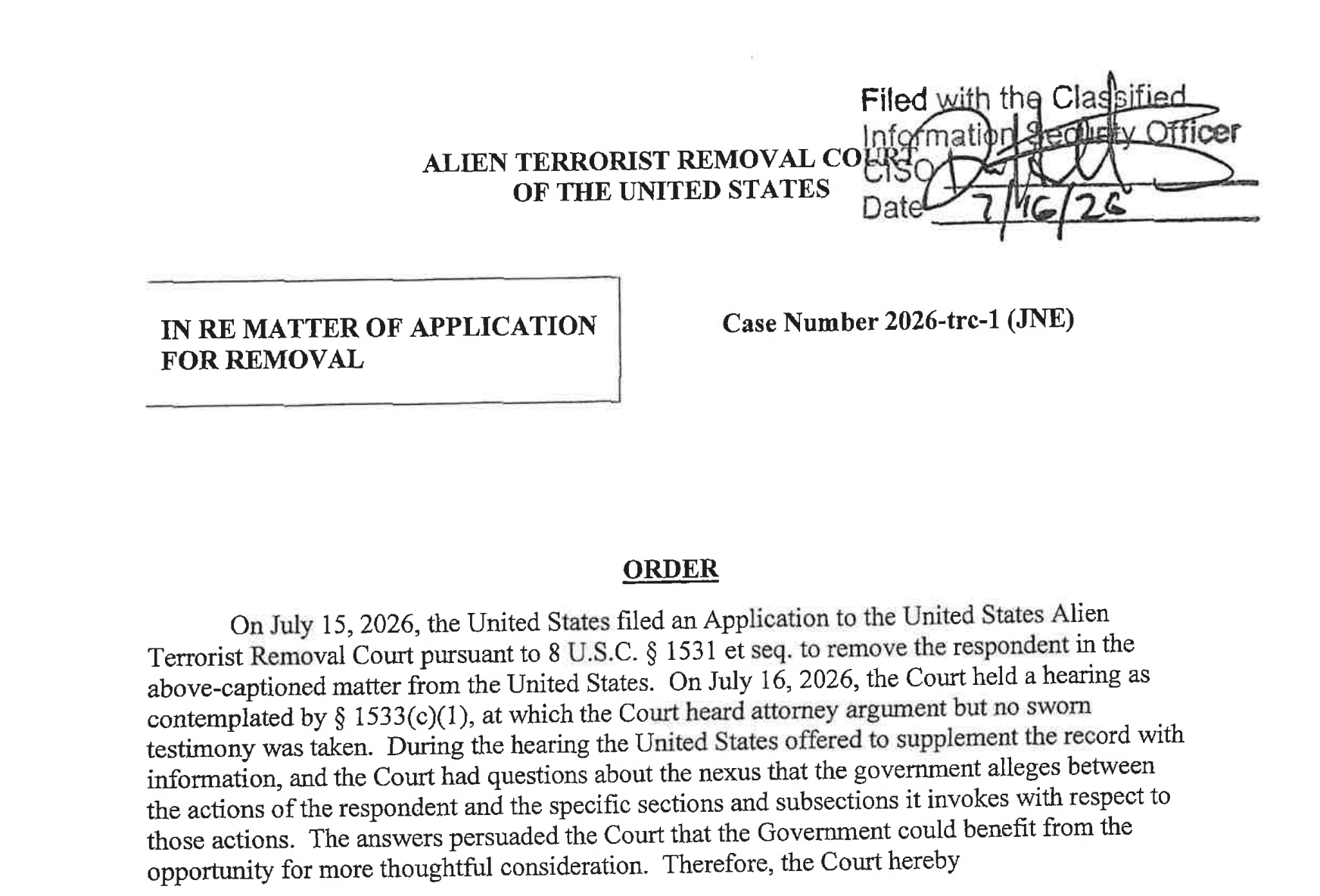 The Alien Terrorist Removal Court's First Case